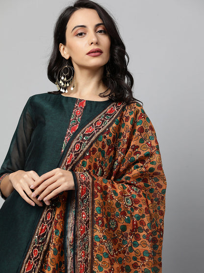 Kalamkari Printed Kurta And Dupatta With Kantha Work - Emerald Green