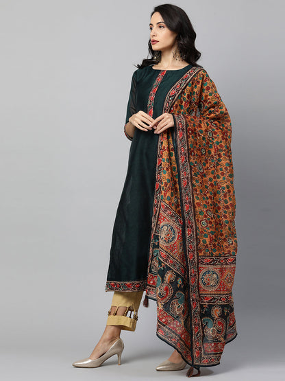 Kalamkari Printed Kurta And Dupatta With Kantha Work - Emerald Green