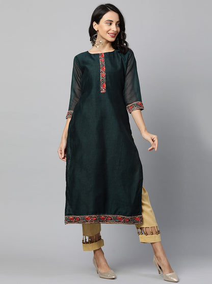 Kalamkari Printed Kurta And Dupatta With Kantha Work - Emerald Green