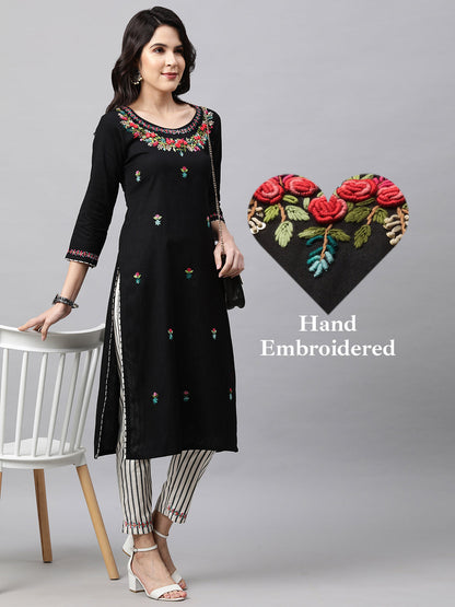 Floral Embroidered Kurta and Striped Pant - Black