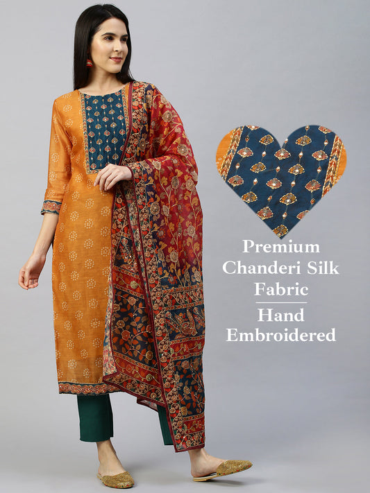 Kantha Embroidered Kurta with Printed Dupatta - Ochre Yellow