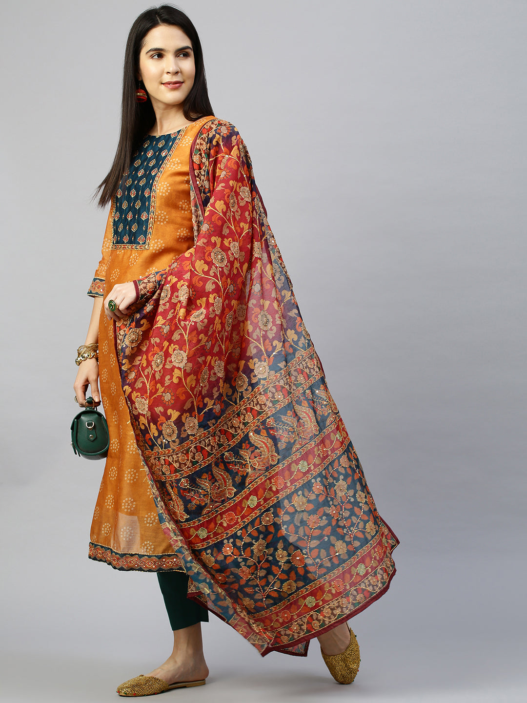 Kantha Embroidered Kurta with Printed Dupatta - Ochre Yellow