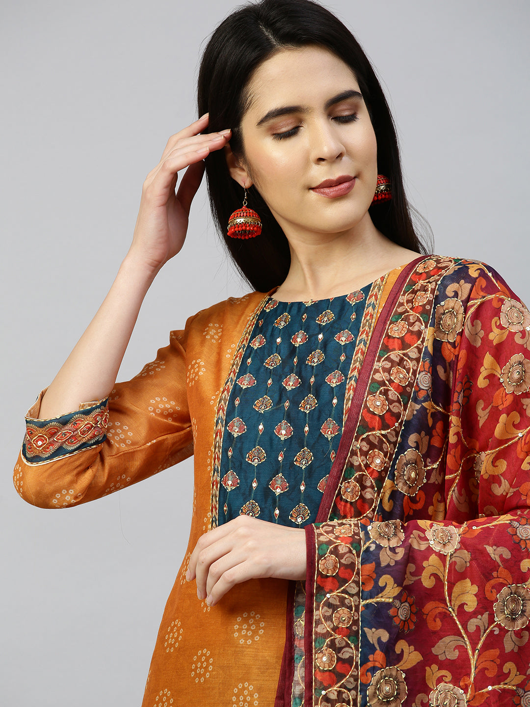 Kantha Embroidered Kurta with Printed Dupatta - Ochre Yellow