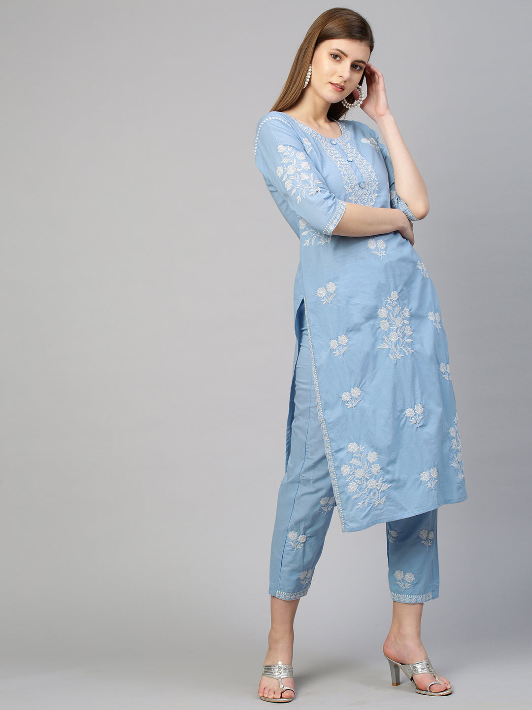 Floral Embroidered Kurta with Pant - Sky Blue