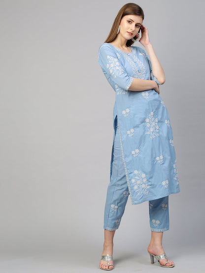 Floral Embroidered Kurta with Pant - Sky Blue