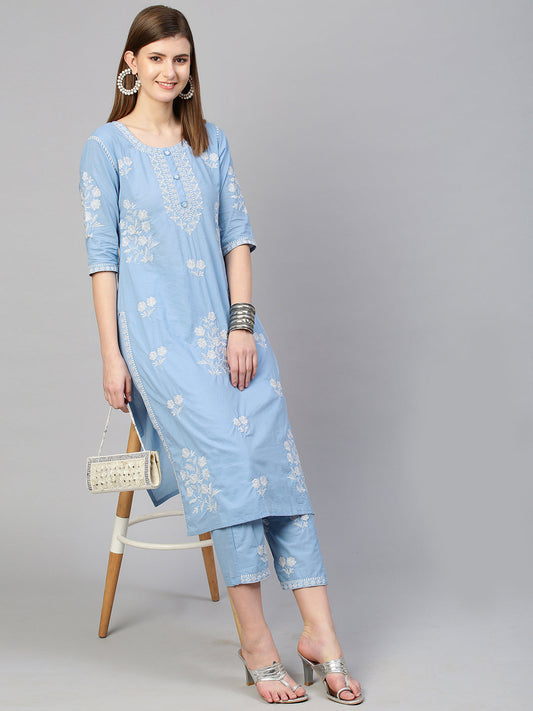 Floral Embroidered Kurta with Pant - Sky Blue