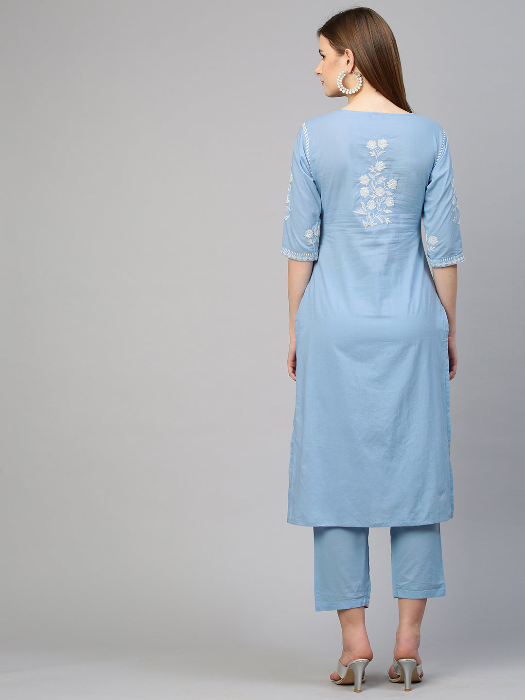 Floral Embroidered Kurta with Pant - Sky Blue