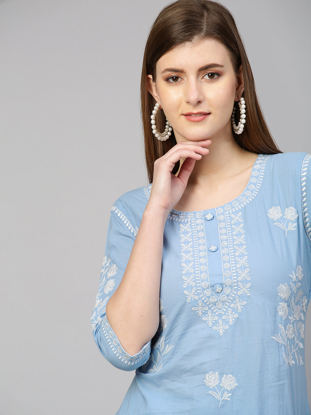 Floral Embroidered Kurta with Pant - Sky Blue