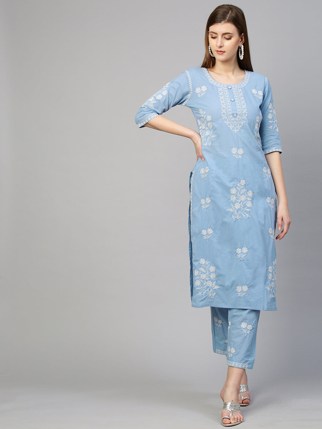 Floral Embroidered Kurta with Pant - Sky Blue