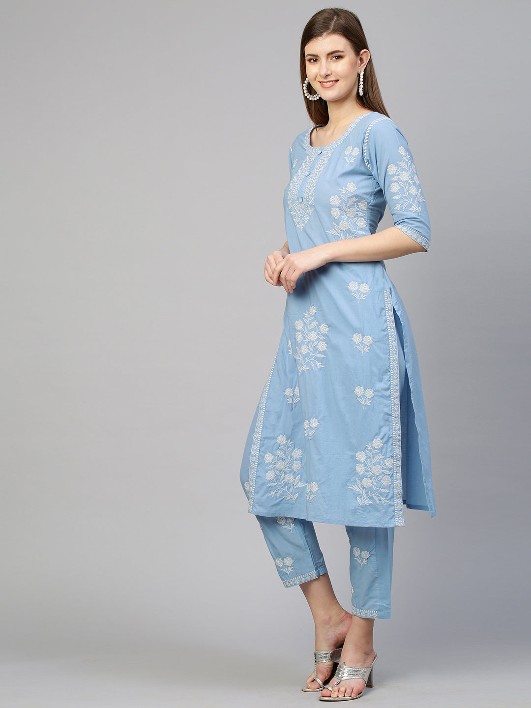 Floral Embroidered Kurta with Pant - Sky Blue