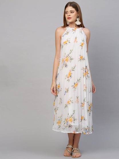 Floral Printed Pleated & Lurex Striped Dress - White