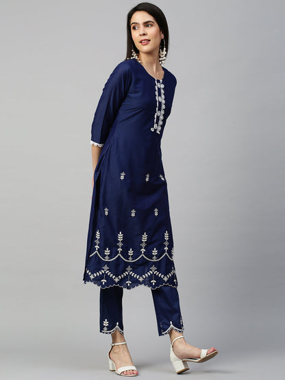 Floral Embroidered Kurta & Dupatta with Pant - Navy Blue