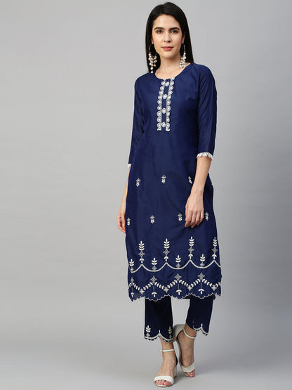 Floral Embroidered Kurta & Dupatta with Pant - Navy Blue