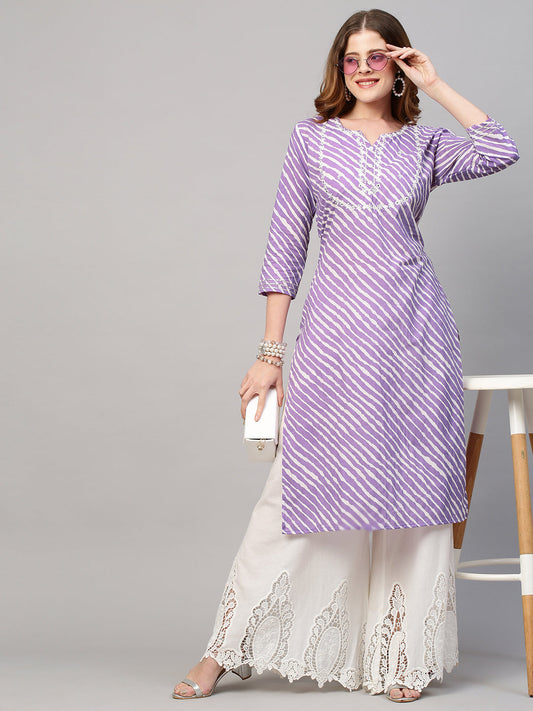 Leheriya Printed & Ethnic Embroidered Straight Fit Kurta - Purple