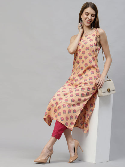 Ethnic Printed & Embroidered Straight Fit Kurta - Peach