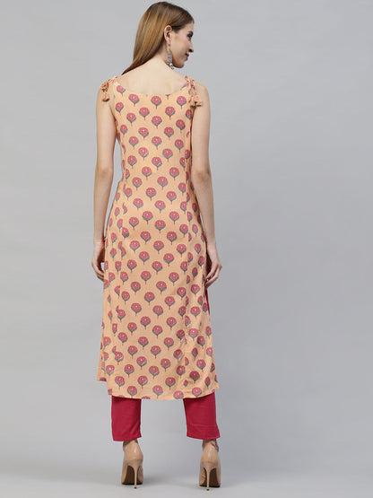 Ethnic Printed & Embroidered Straight Fit Kurta - Peach