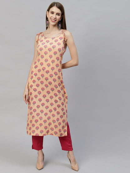 Ethnic Printed & Embroidered Straight Fit Kurta - Peach