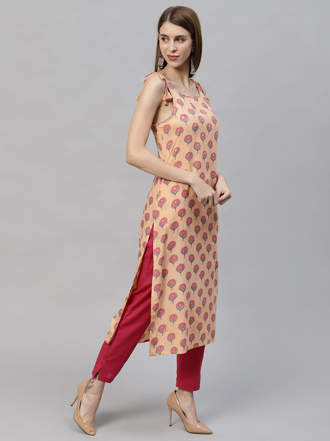 Ethnic Printed & Embroidered Straight Fit Kurta - Peach