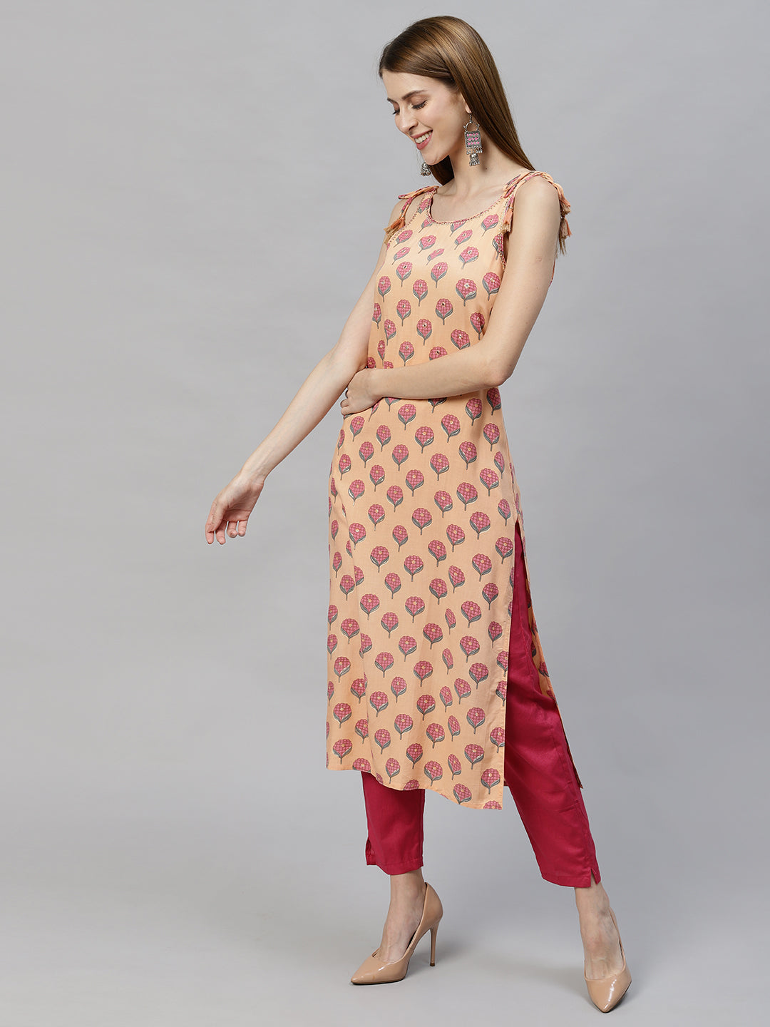 Ethnic Printed & Embroidered Straight Fit Kurta - Peach