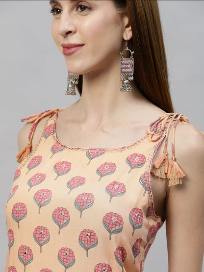 Ethnic Printed & Embroidered Straight Fit Kurta - Peach