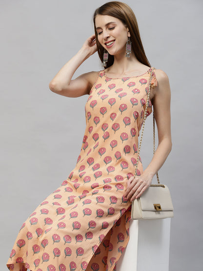 Ethnic Printed & Embroidered Straight Fit Kurta - Peach