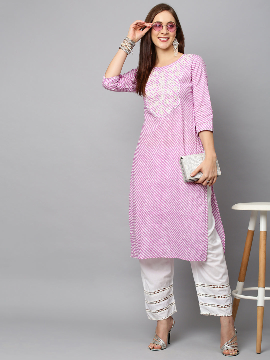 Leheriya Printed & Embroidered Straight Fit Kurta - Purple