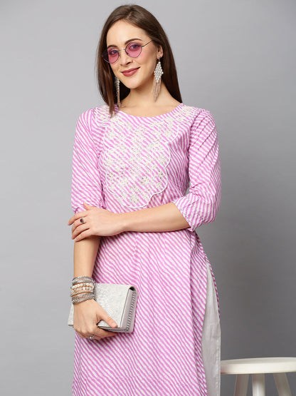 Leheriya Printed & Embroidered Straight Fit Kurta - Purple