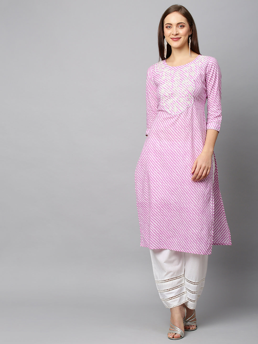 Leheriya Printed & Embroidered Straight Fit Kurta - Purple