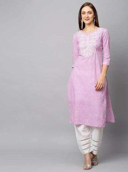 Leheriya Printed & Embroidered Straight Fit Kurta - Purple