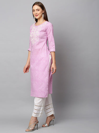 Leheriya Printed & Embroidered Straight Fit Kurta - Purple