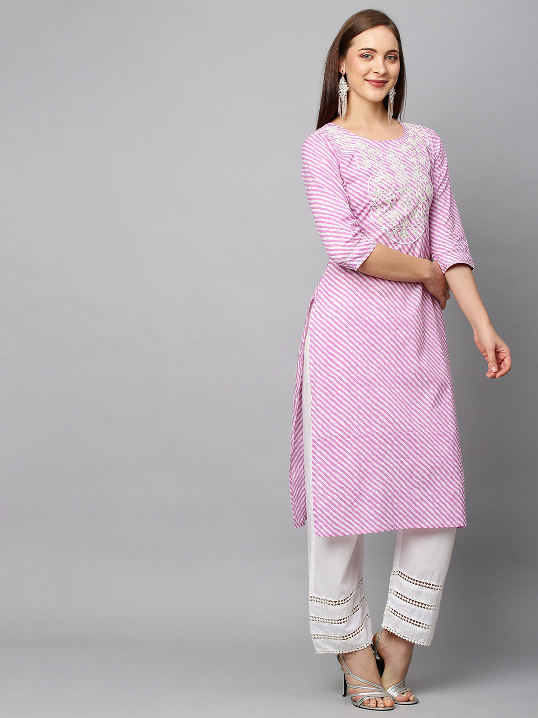 Leheriya Printed & Embroidered Straight Fit Kurta - Purple