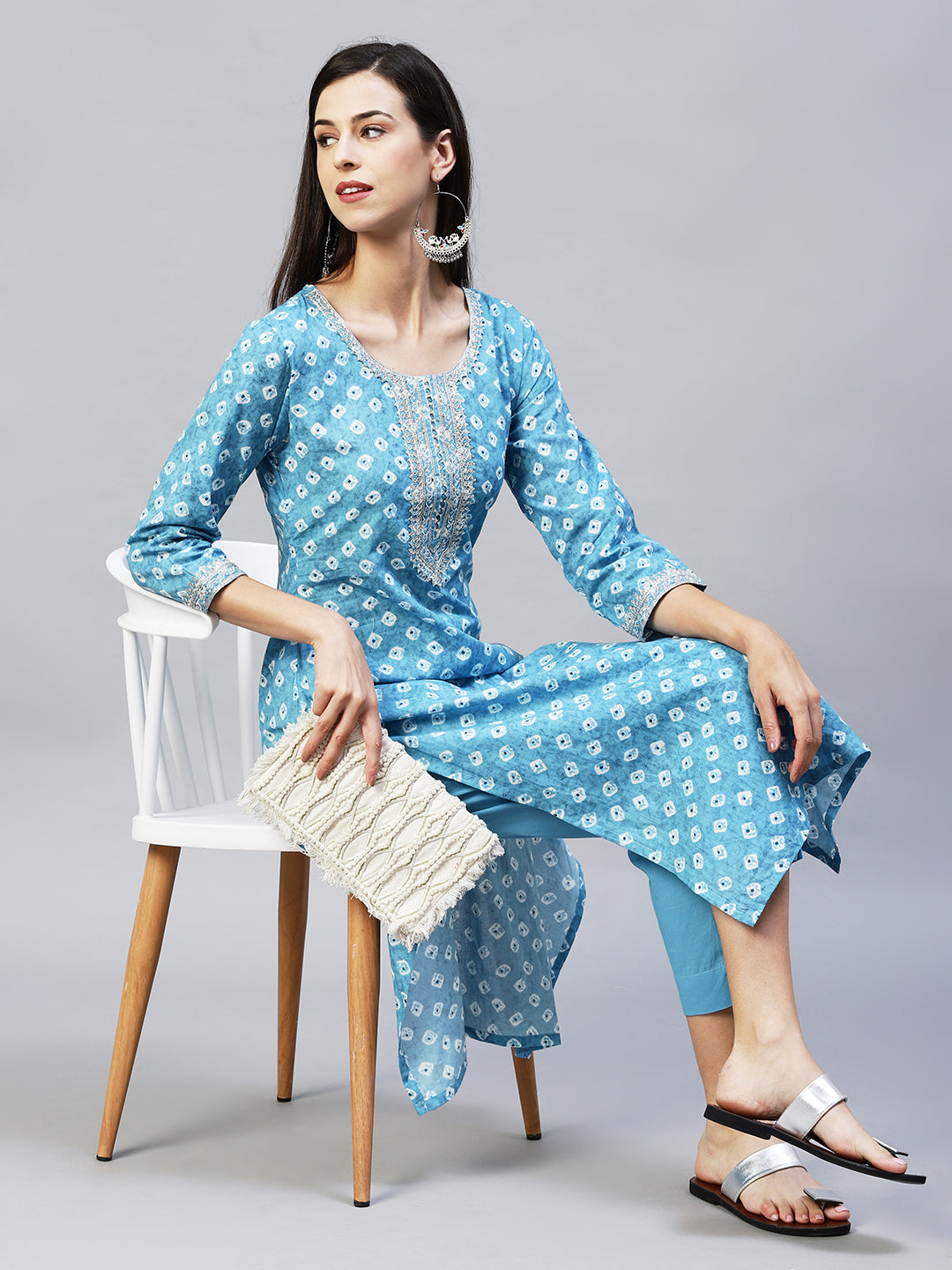 Ethnic Printed & Embroidered Straight Kurta with Pants - Light Blue