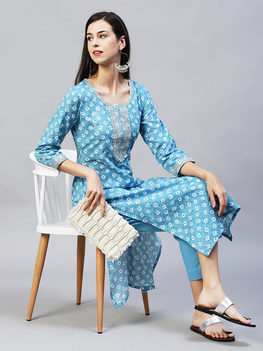 Ethnic Printed & Embroidered Straight Kurta with Pants - Light Blue