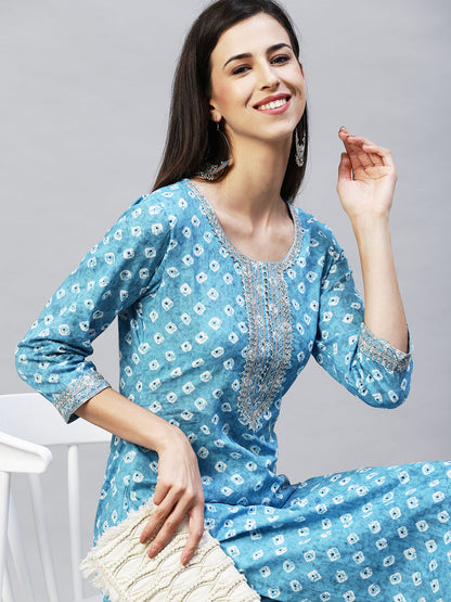 Ethnic Printed & Embroidered Straight Kurta with Pants - Light Blue