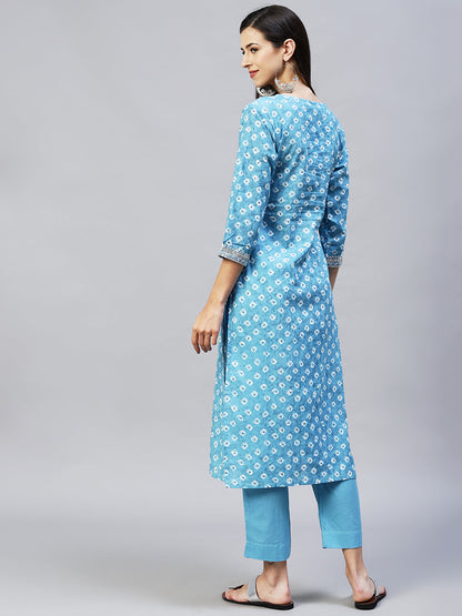 Ethnic Printed & Embroidered Straight Kurta with Pants - Light Blue