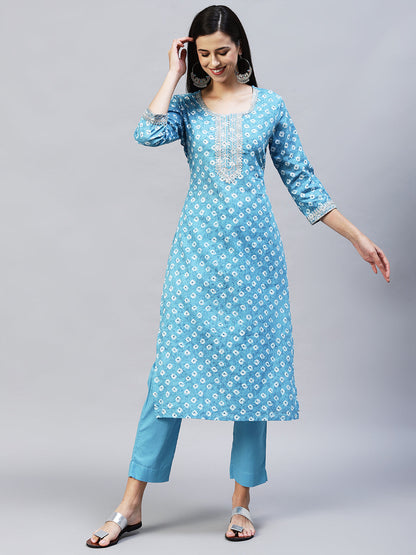 Ethnic Printed & Embroidered Straight Kurta with Pants - Light Blue