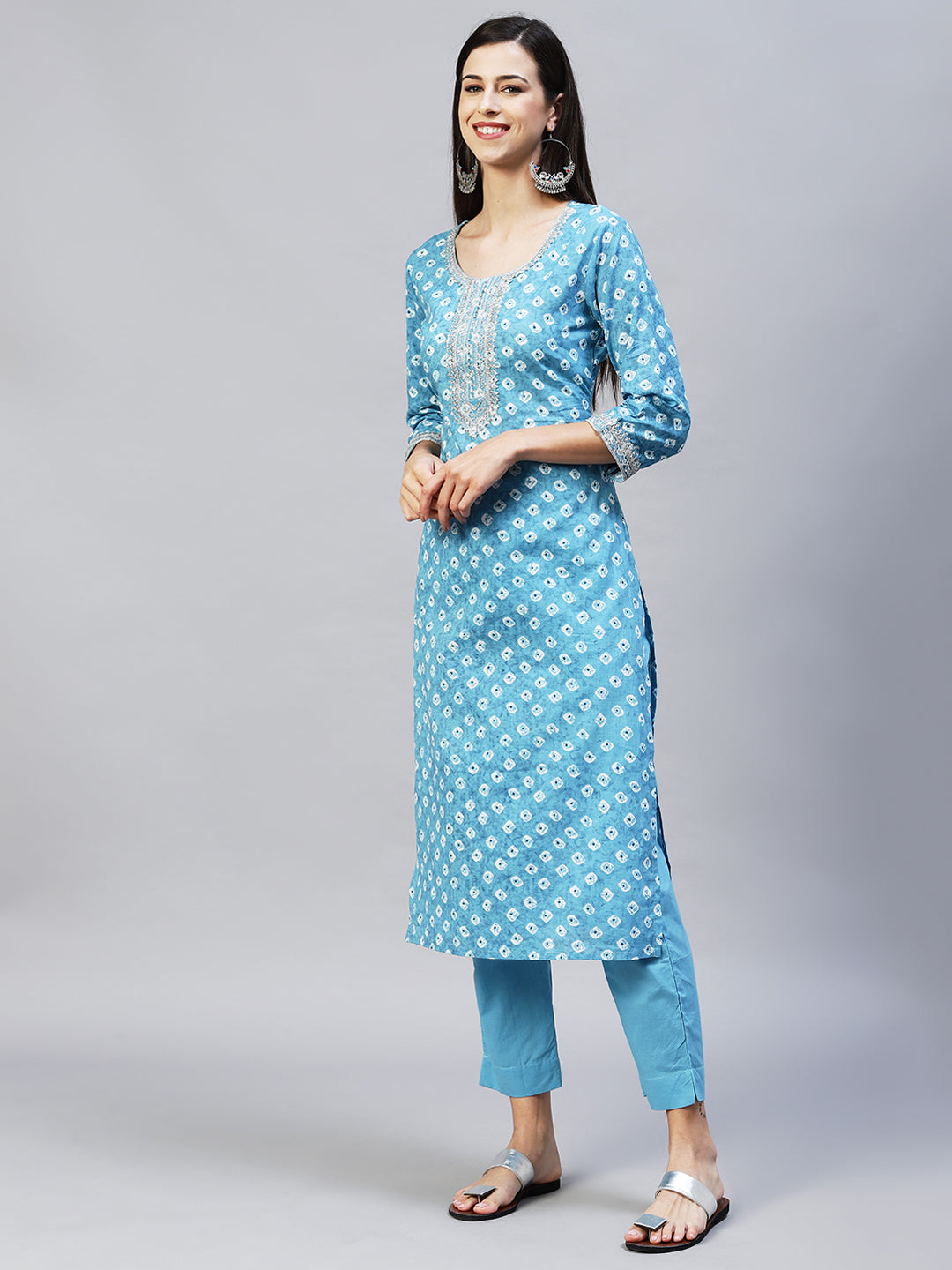 Ethnic Printed & Embroidered Straight Kurta with Pants - Light Blue