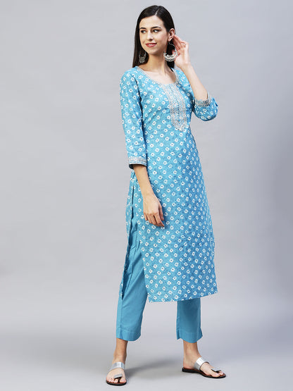 Ethnic Printed & Embroidered Straight Kurta with Pants - Light Blue