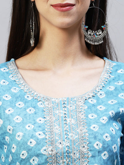 Ethnic Printed & Embroidered Straight Kurta with Pants - Light Blue