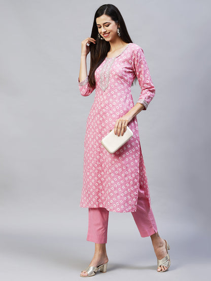 Ethnic Printed & Embroidered Straight Kurta with Pants - Pink