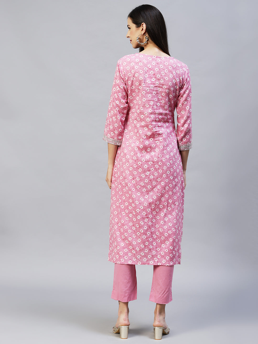 Ethnic Printed & Embroidered Straight Kurta with Pants - Pink