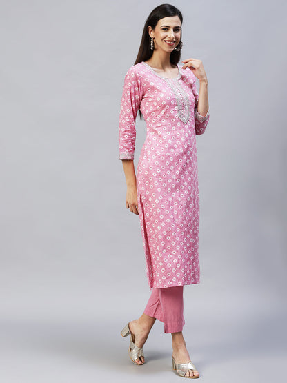 Ethnic Printed & Embroidered Straight Kurta with Pants - Pink