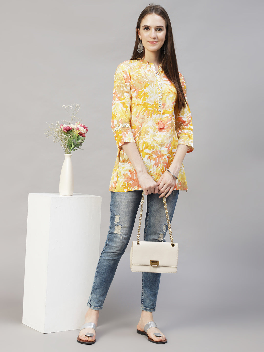 Floral Printed & Embroidered Short Kurti - Yellow