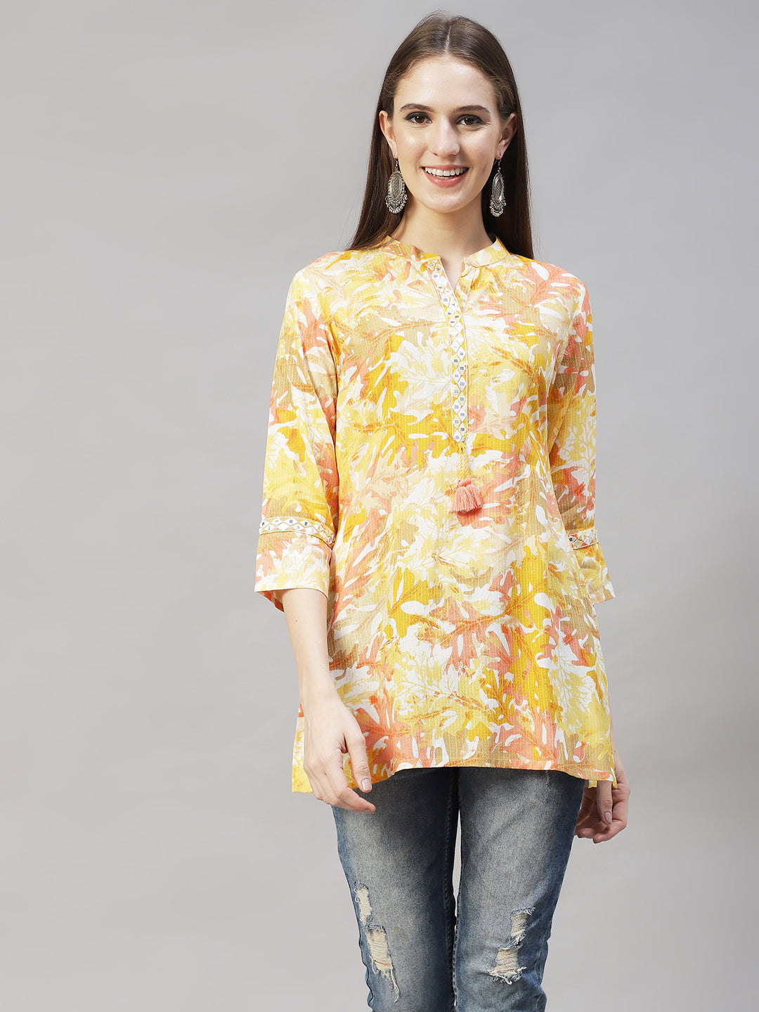 Floral Printed & Embroidered Short Kurti - Yellow