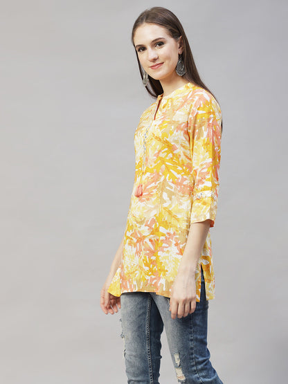 Floral Printed & Embroidered Short Kurti - Yellow