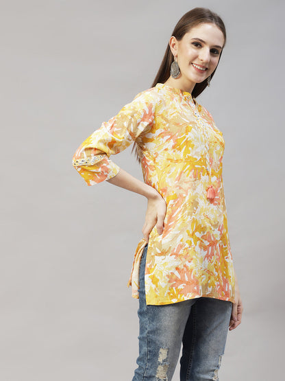 Floral Printed & Embroidered Short Kurti - Yellow