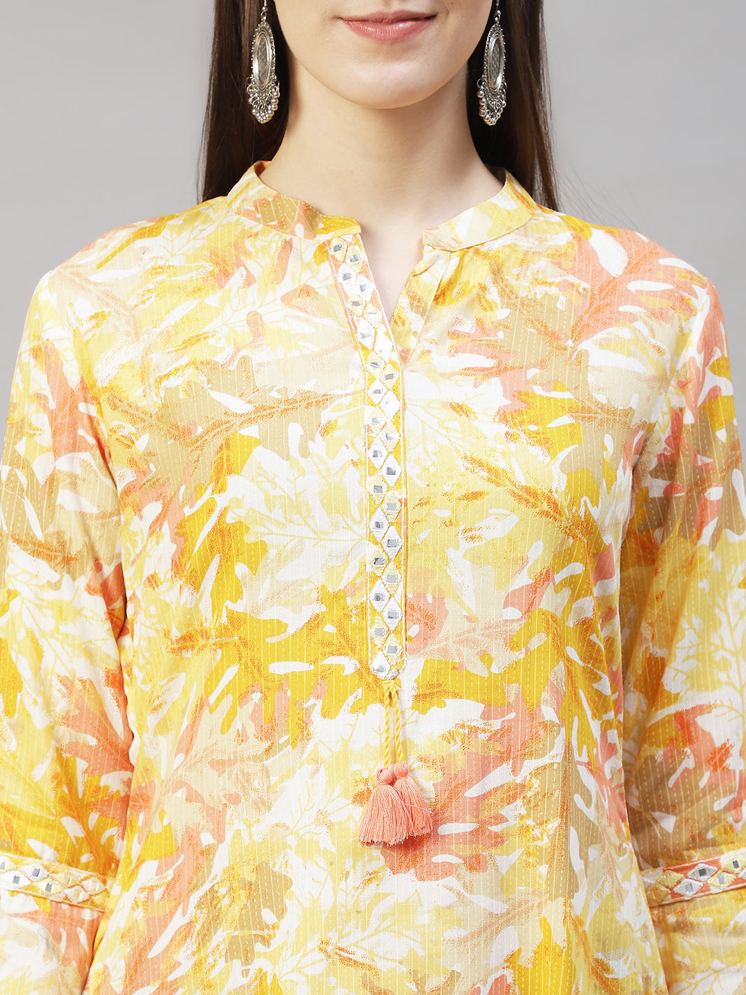 Floral Printed & Embroidered Short Kurti - Yellow