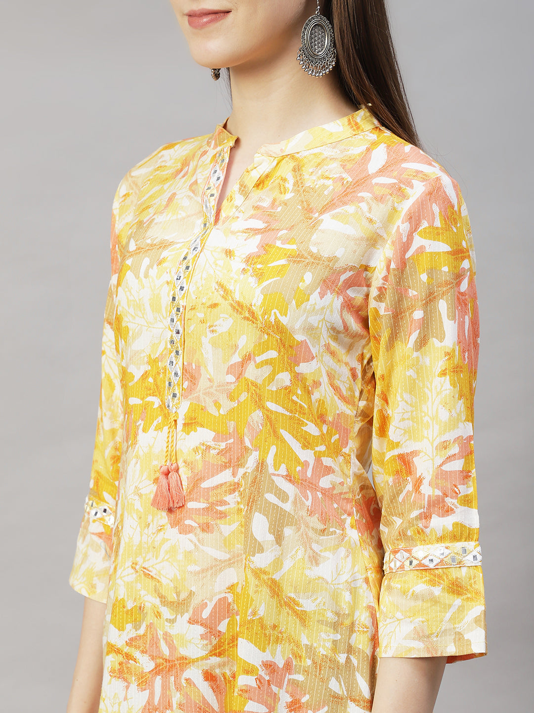 Floral Printed & Embroidered Short Kurti - Yellow