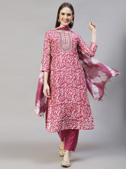 Ethnic Printed & Embroidered Kurta With Pants & Dupatta – Purple