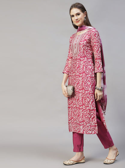 Ethnic Printed & Embroidered Kurta With Pants & Dupatta – Purple